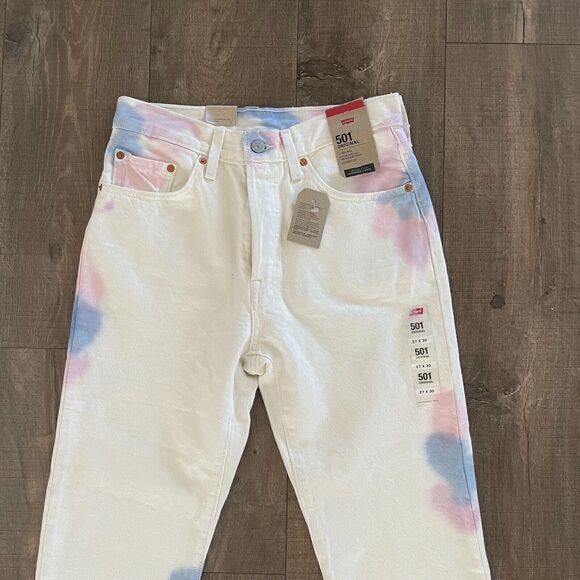 NWT Levi's 501 Jeans Denim Y2K Women Size 27x30 White Tie Dye Denim‎ Button Fly - Picture 2 of 16